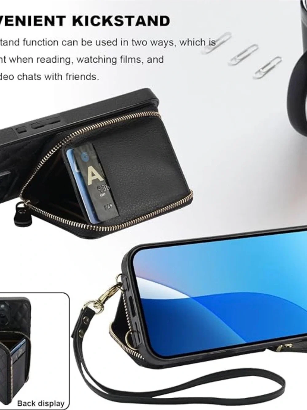 Black Quilted Crossbody Phone Case with Zipper Pocket - Brand